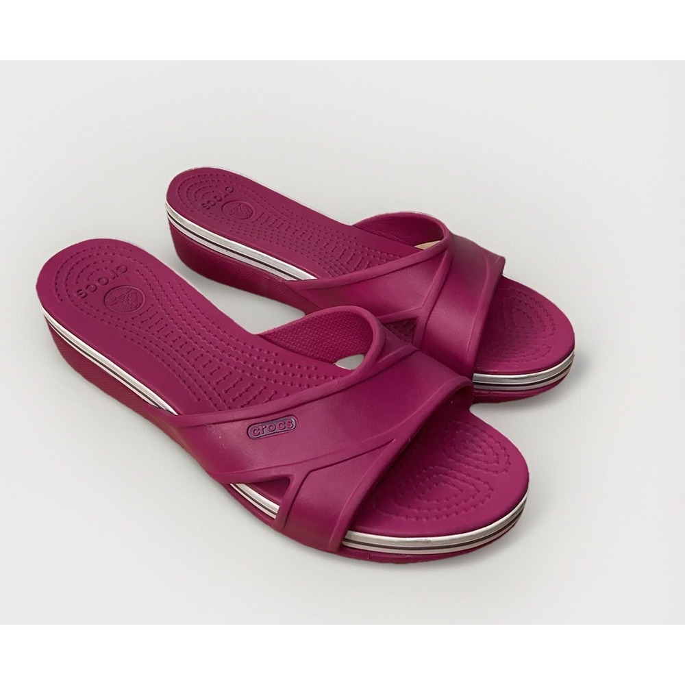 Crocs Womens 9 Hot Pink Gray Open Toe Slip On Wedge Heel Slide Sandals WORN ONCE